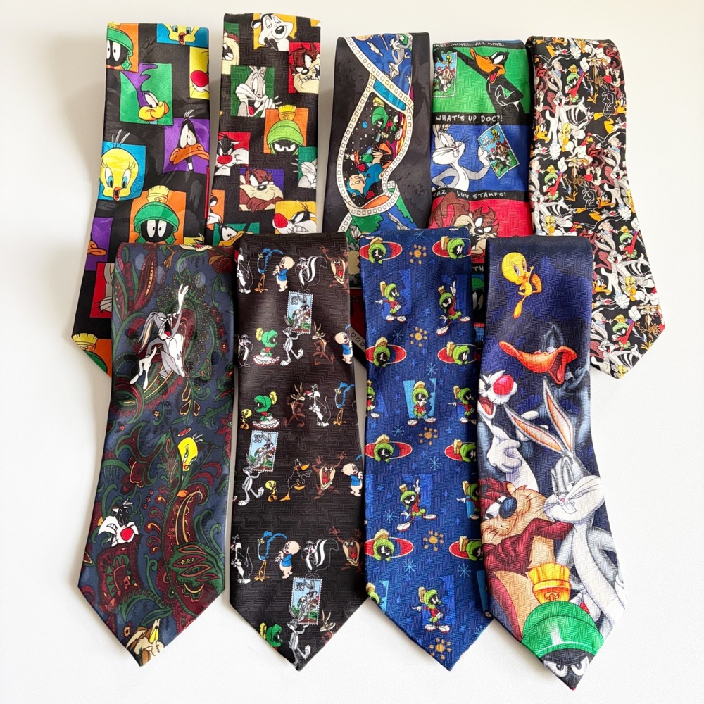 Looney Tunes Mens Bundle Tie Lot (9) Vintage 90s Bugs Bunny Taz Tweety Marvin